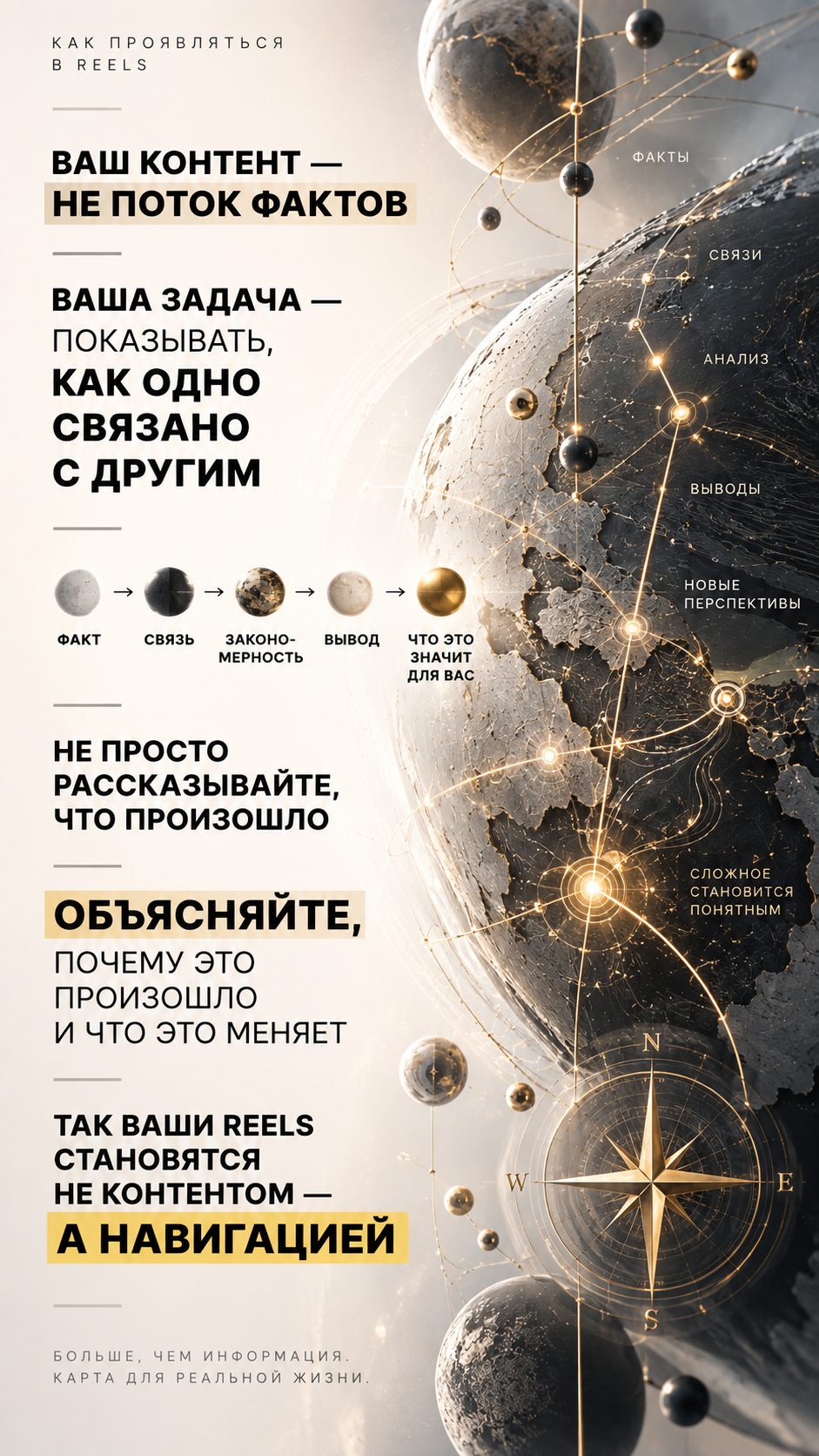 Как проявляться в Reels: ваш контент — не поток фактов; ваша задача — показывать, как одно связано с другим; не просто рассказывайте, что произошло — объясняйте, почему это произошло и что это меняет; так ваши Reels становятся не контентом — а навигацией; больше, чем информация — карта для реальной жизни